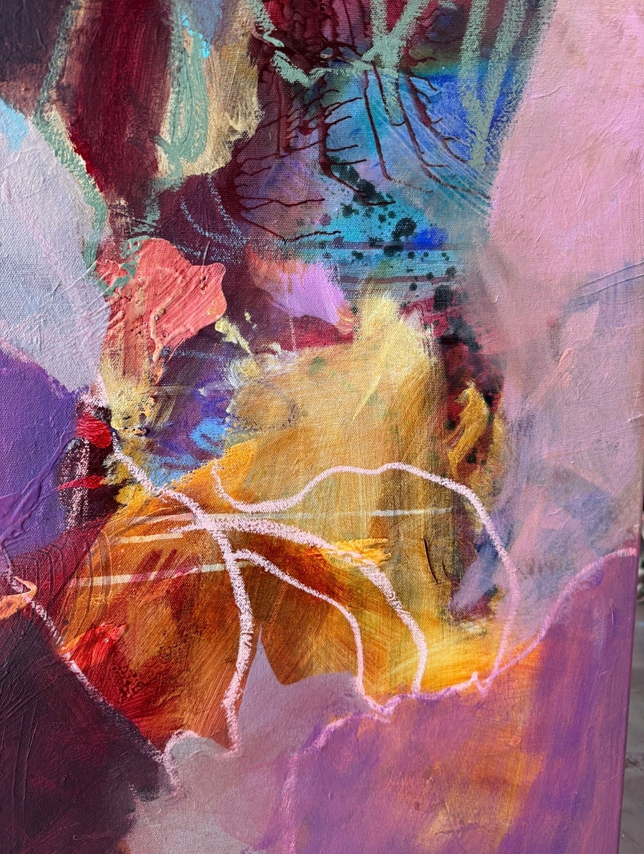 Detail of layered acrylic, oil pastel lines and overlapping pink, orange and violet forms in Ember by Anna Rolskaya.