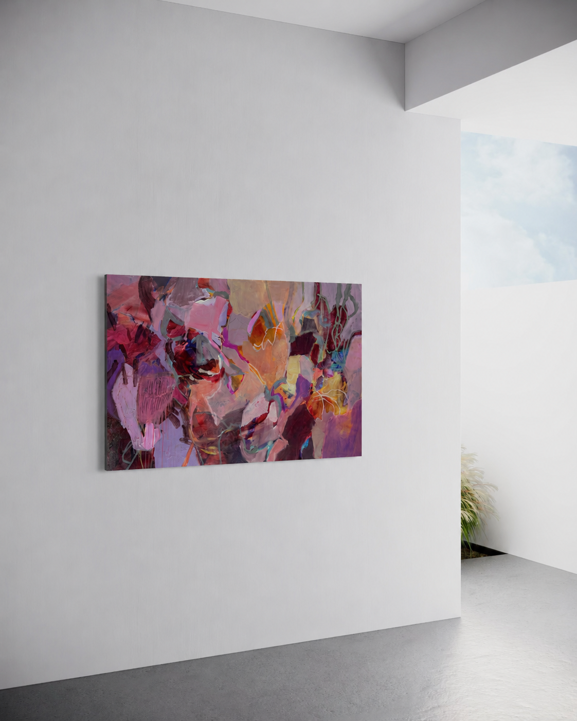 Ember by Anna Rolskaya displayed in a contemporary interior to show the large painting’s scale.