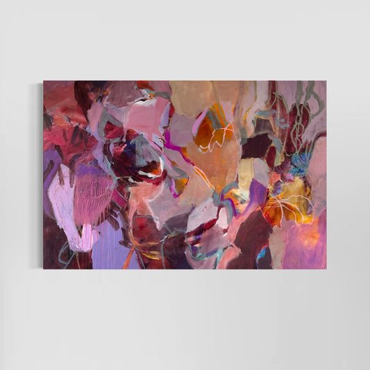Ember by Anna Rolskaya, a large abstract painting in dusty pink, mauve, burgundy, orange, lavender and pale blue.