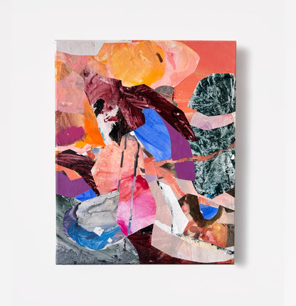 Held Together by Anna Rolskaya, an abstract collage on canvas with overlapping coral, pink, burgundy, blue and dark green shapes.