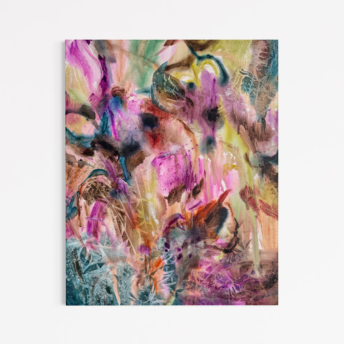 Held Without Resolving by Anna Rolskaya, an abstract painting in pink, lavender, pale green, turquoise, ochre and charcoal.