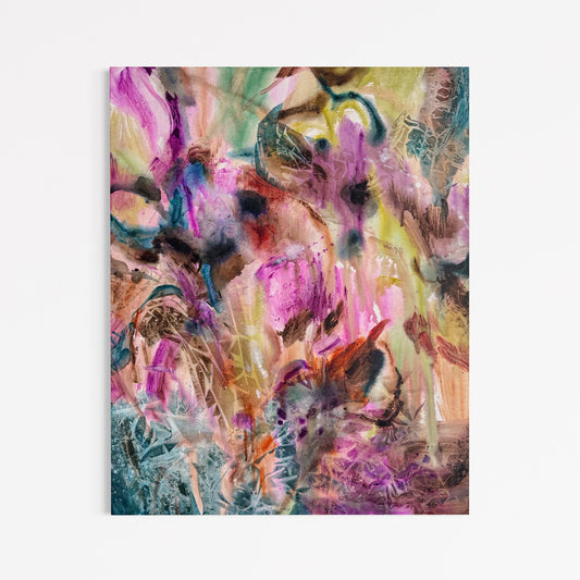 Held Without Resolving by Anna Rolskaya, an abstract painting in pink, lavender, pale green, turquoise, ochre and charcoal.
