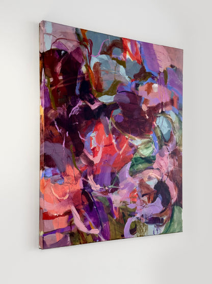 angled view of original painting Her Silence Smelled Like Roses by Anna Rolskaya, an abstract painting in burgundy, pink, plum, lavender and pale blue.