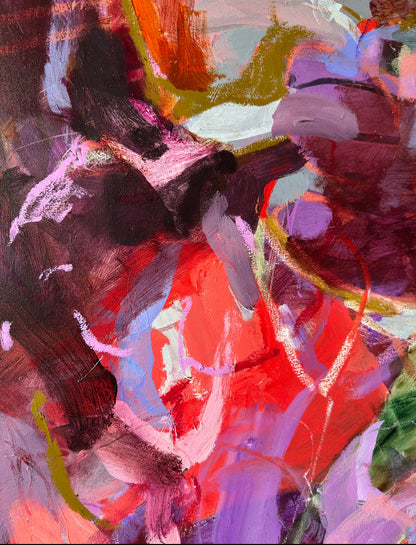 Detail of layered acrylic, oil pastel lines and overlapping pink and burgundy forms in Her Silence Smelled Like Roses.