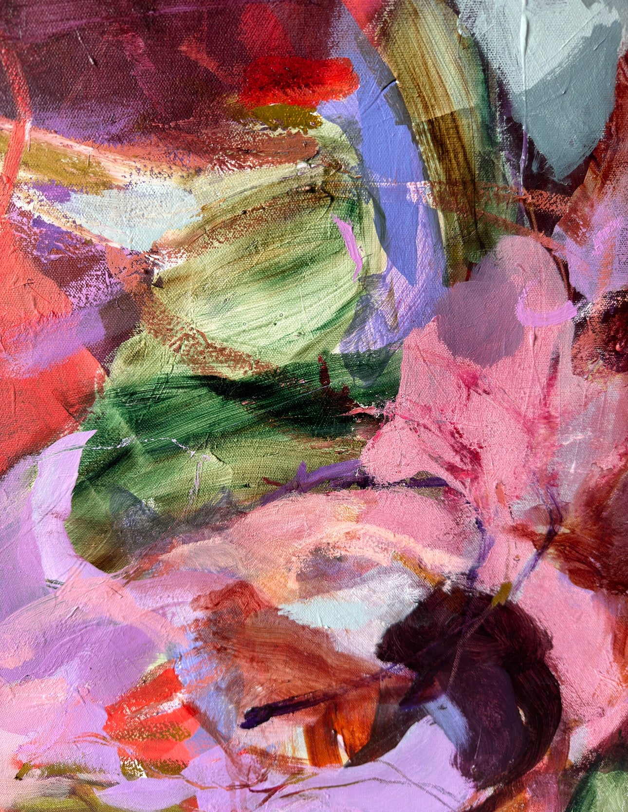 Detail of layered acrylic, oil pastel lines and overlapping pink and burgundy forms in Her Silence Smelled Like Roses.