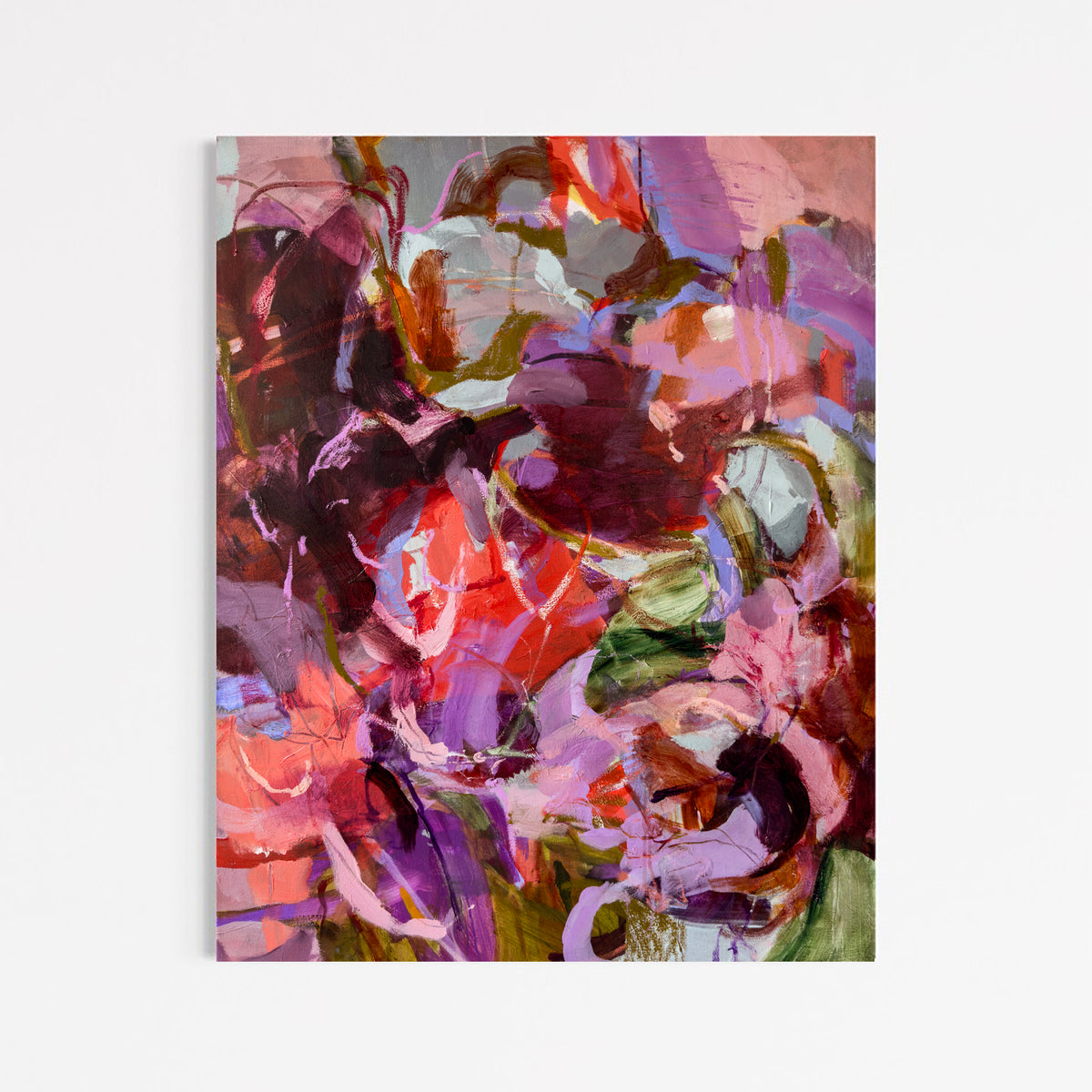 Her Silence Smelled Like Roses by Anna Rolskaya, an abstract painting in burgundy, pink, plum, lavender and pale blue.