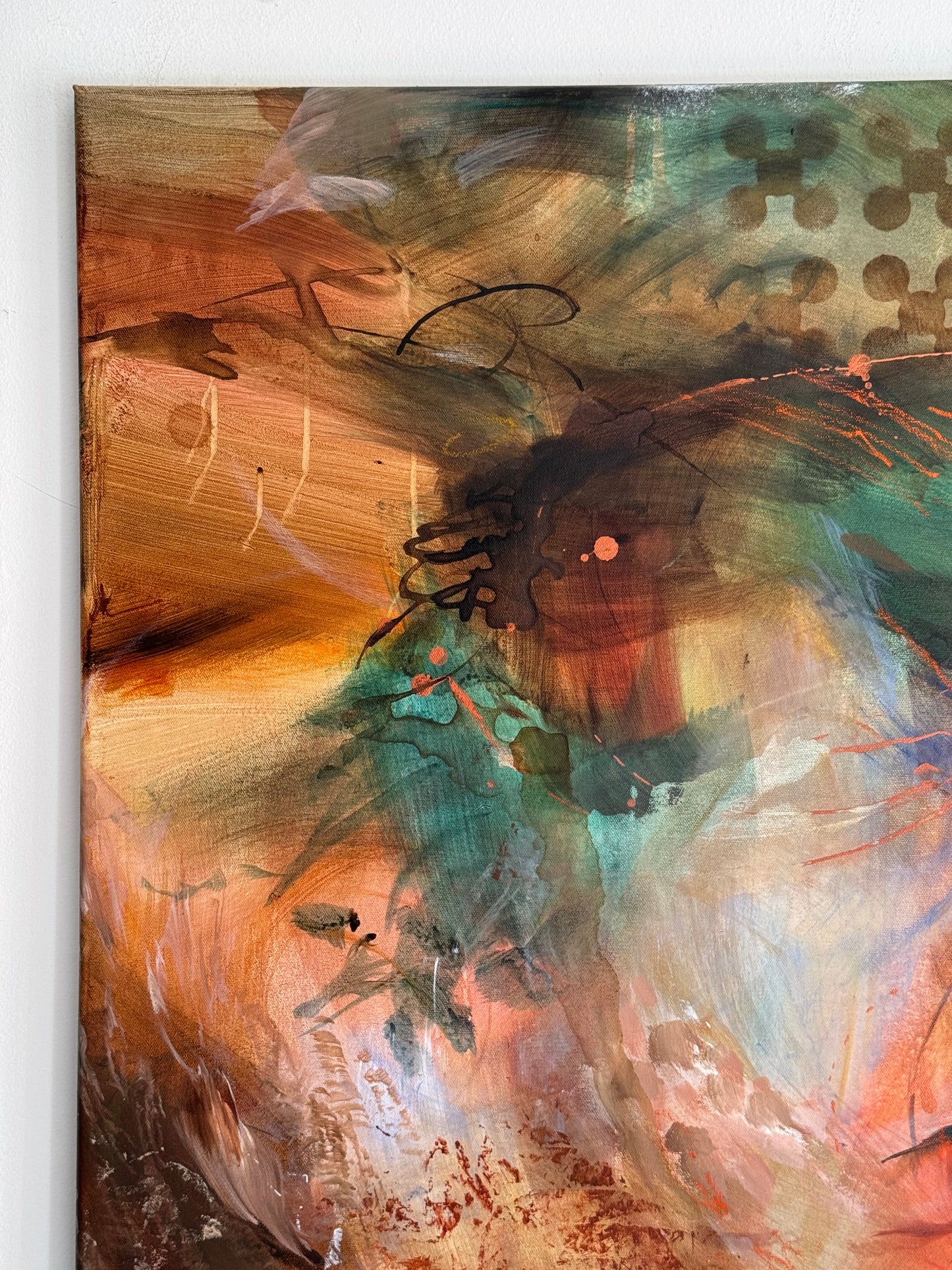 Detail of layered brushwork, translucent colour and drawn marks in Hunger for Immersion by Anna Rolskaya.