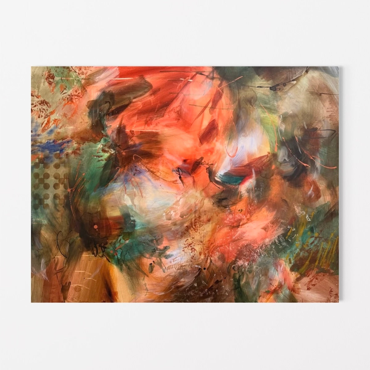 An abstract canvas painting featuring expressive brushstrokes in warm tones of orange, red, brown, beige, and green, displayed against a clean white background.