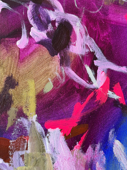 Detail of layered acrylic, oil pastel lines, and overlapping color, including blue, purple, white, and brown, in Learning My Outline by Anna Rolskaya.