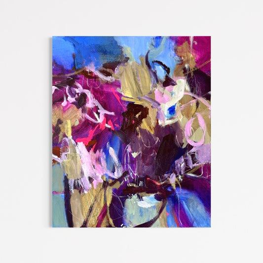 Learning My Outline by Anna Rolskaya, an abstract painting in cobalt blue, magenta, violet, pink and muted gold.