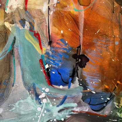 Detail of layered acrylic, oil pastel lines, and expressive splashes in Made of All the Nights I Missed You with splashes of blue, orange, green, and brown on a textured surface.