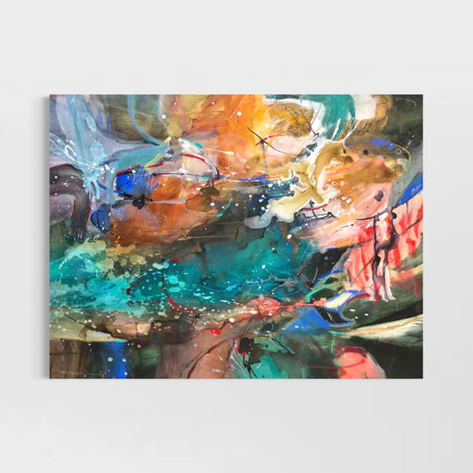 Made of All the Nights I Missed You by Anna Rolskaya, an abstract painting in turquoise, orange, ochre, coral and charcoal.
