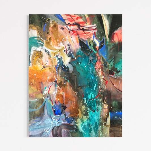 Made of All the Nights I Missed You by Anna Rolskaya, an abstract painting in turquoise, orange, ochre, coral and charcoal.