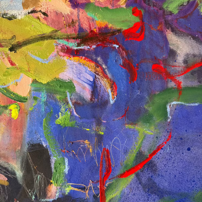 Detail of layered acrylic, oil pastel lines and overlapping color in Majorelle by Anna Rolskaya.