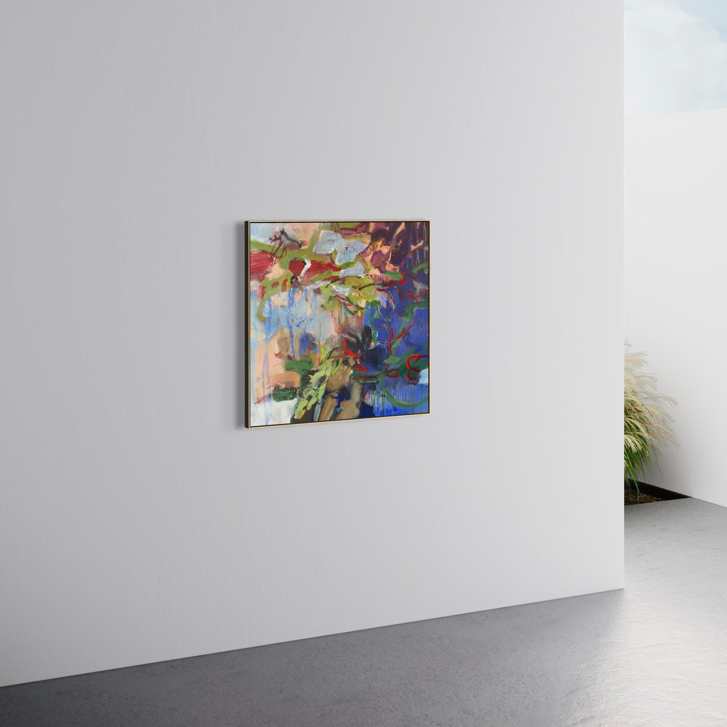 Majorelle by Anna Rolskaya displayed in a contemporary interior to show the square painting’s scale.