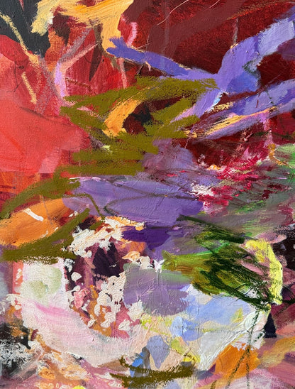 Detail of overlapping brushwork, drawn lines and repeated marks in Nothing Is Still by Anna Rolskaya.