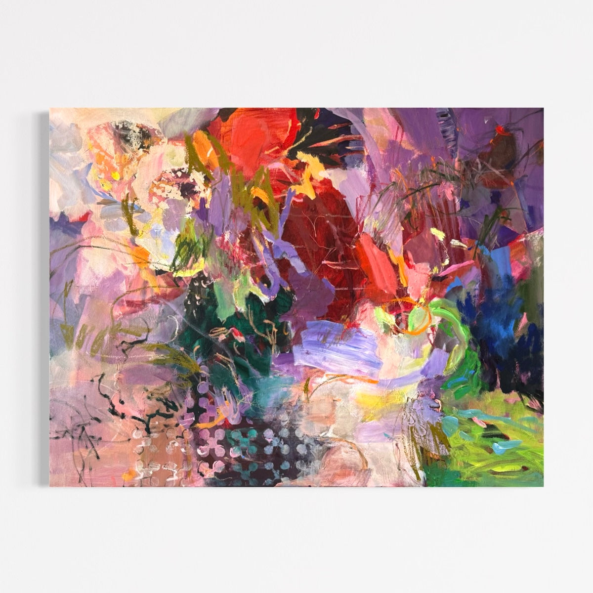 Landscape view of Nothing Is Still by Anna Rolskaya, showing layered colour, expressive brushwork and fluid drawn marks.