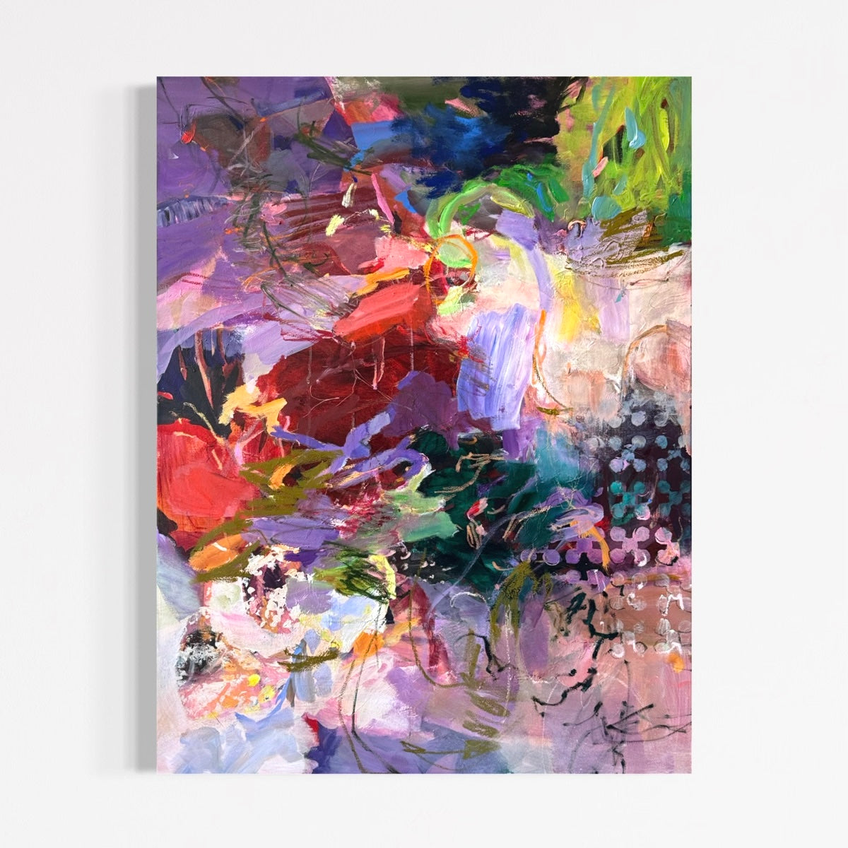 Portrait view of Nothing Is Still by Anna Rolskaya, an abstract mixed-media painting in violet, coral, green, blue and pink.