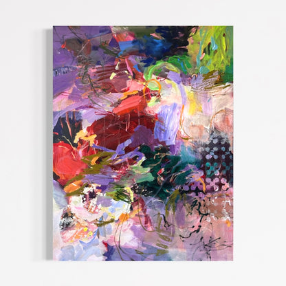 Portrait view of Nothing Is Still by Anna Rolskaya, an abstract mixed-media painting in violet, coral, green, blue and pink.