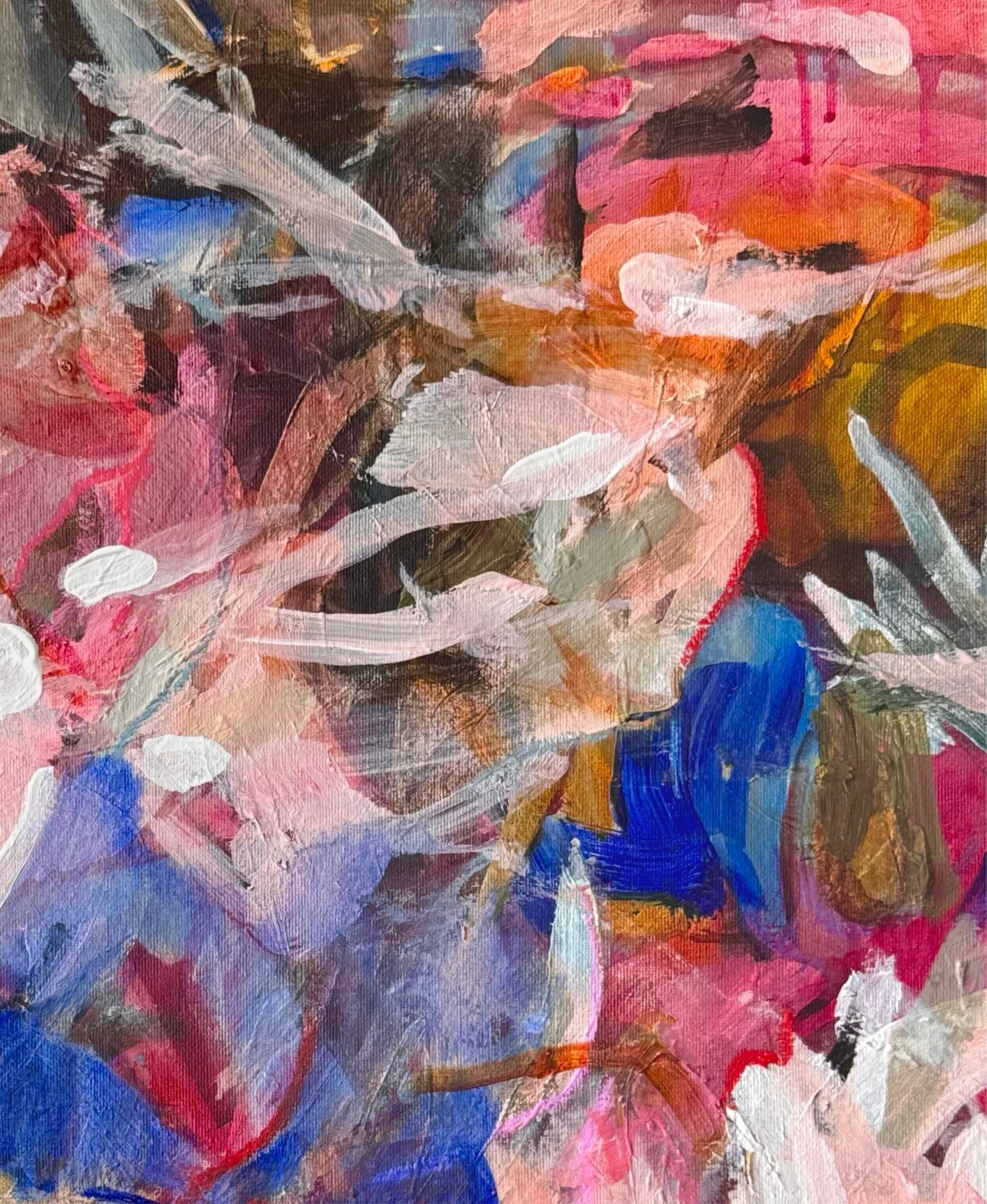 Detail of layered acrylic, oil pastel lines and overlapping colour in Only the Wind Knew by Anna Rolskaya.