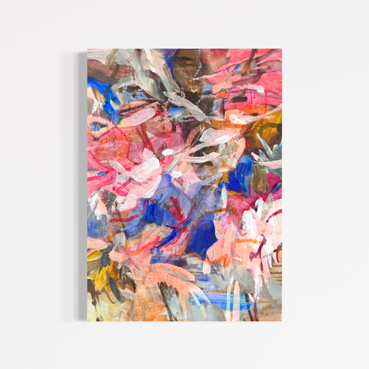 Only the Wind Knew by Anna Rolskaya, an abstract painting in cobalt blue, coral, pink, violet, cream and ochre.