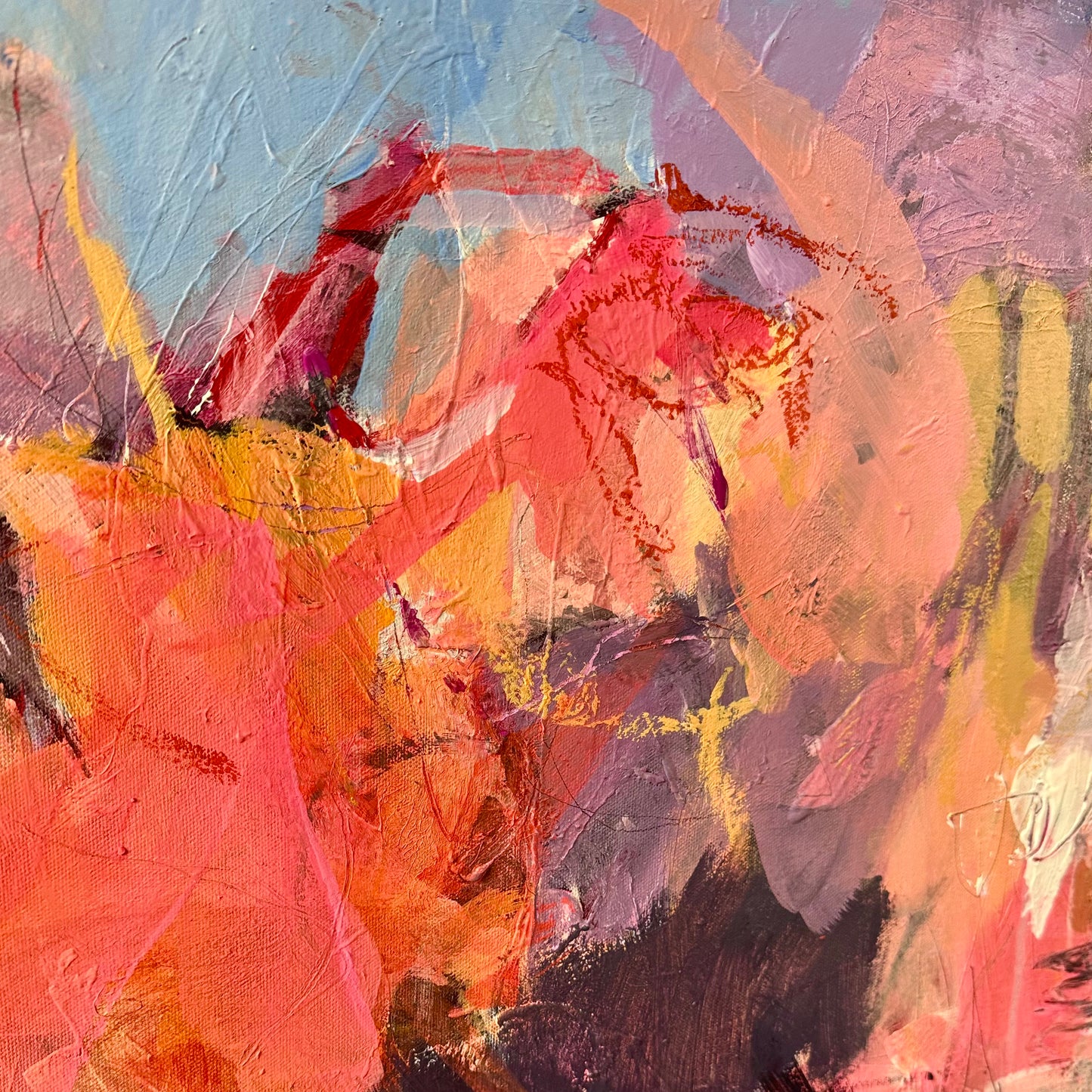 Detail of layered acrylic, oil pastel lines and overlapping colour in Presence by Anna Rolskaya.