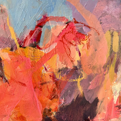 Detail of layered acrylic, oil pastel lines and overlapping colour in Presence by Anna Rolskaya.