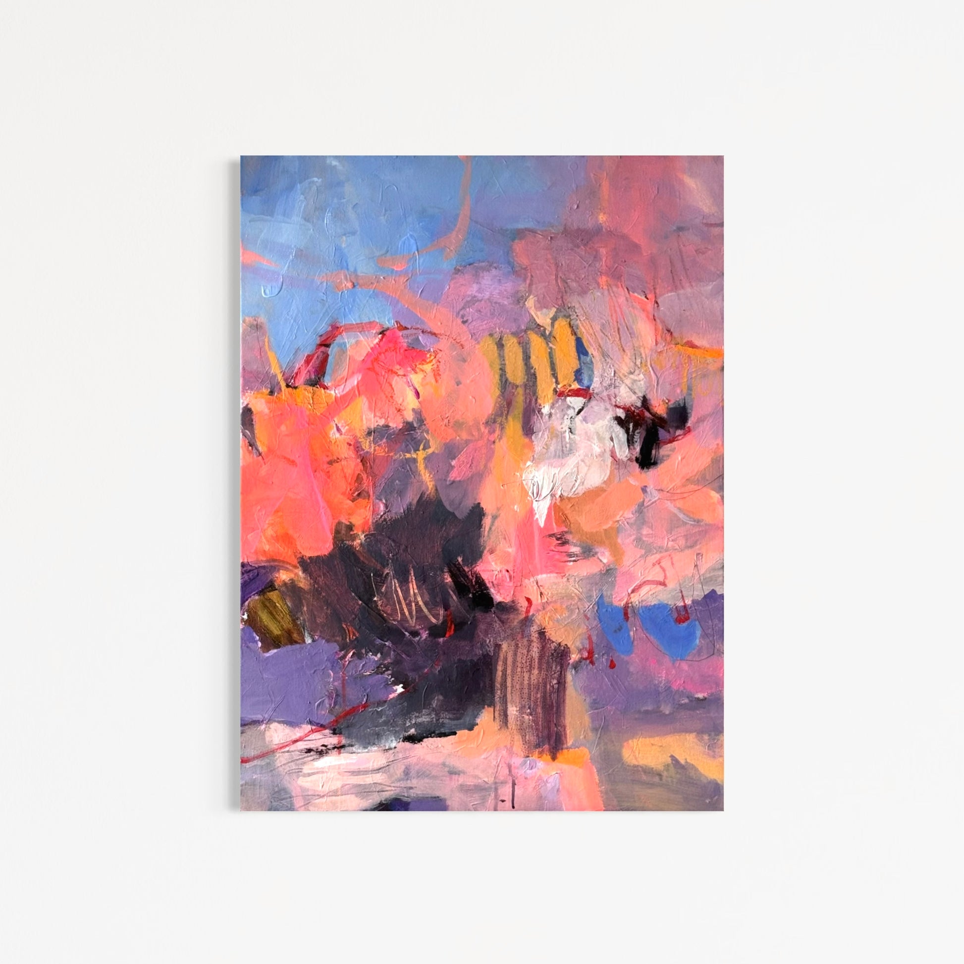 Presence by Anna Rolskaya, an abstract painting in coral, blush pink, pale blue, violet, ochre and charcoal.