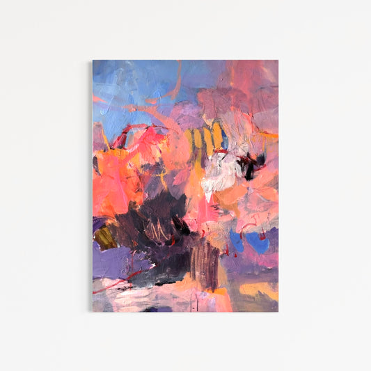 Presence by Anna Rolskaya, an abstract painting in coral, blush pink, pale blue, violet, ochre and charcoal.