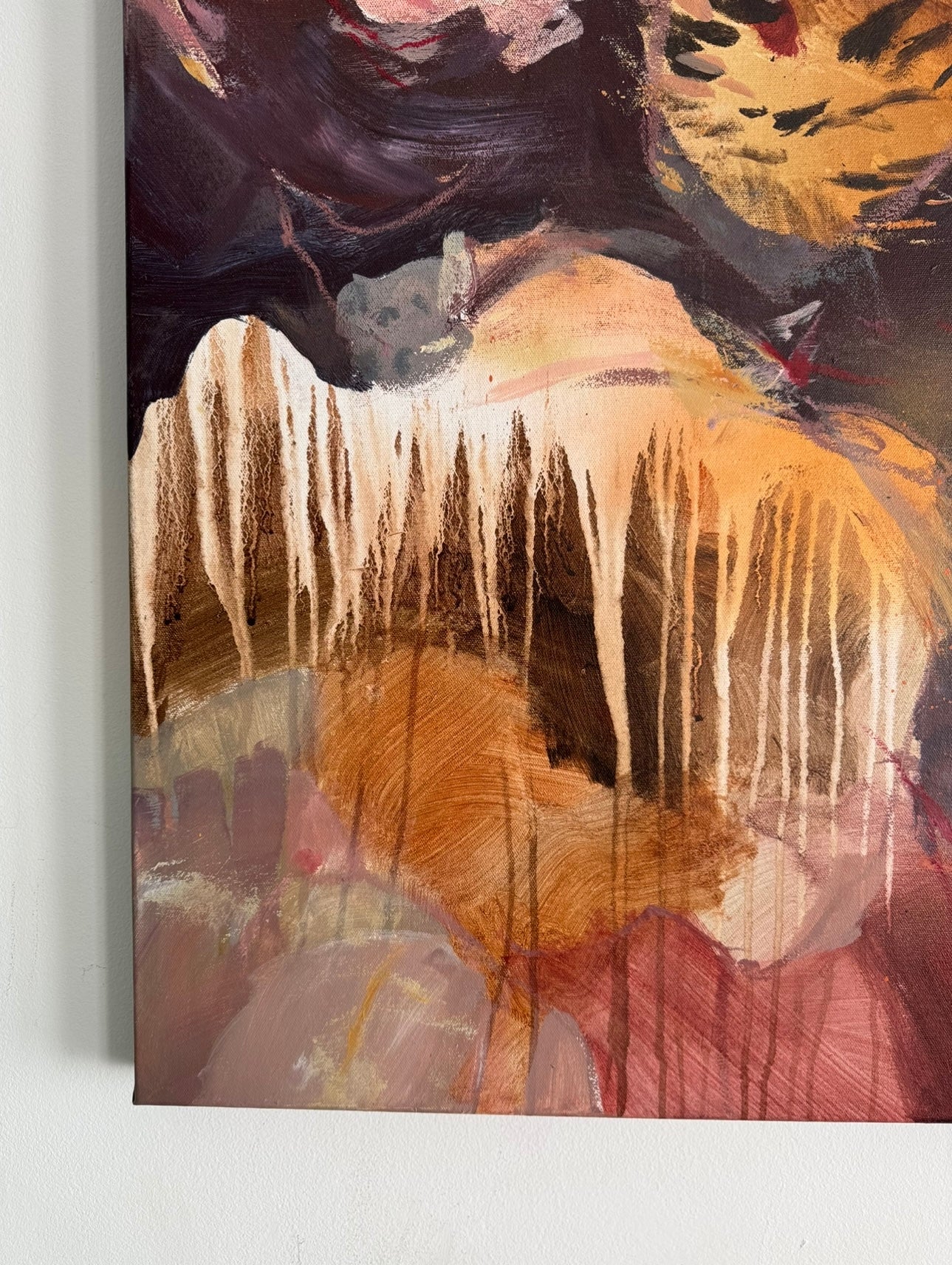 Detail view of Presence Without Proof by Anna Rolskaya, showing cream drips over layered plum, rust and ochre brushwork.