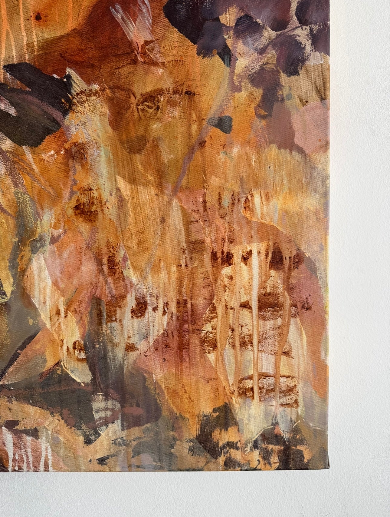 Detail view of Presence Without Proof by Anna Rolskaya, showing textured ochre, peach, mauve, grey and black marks.