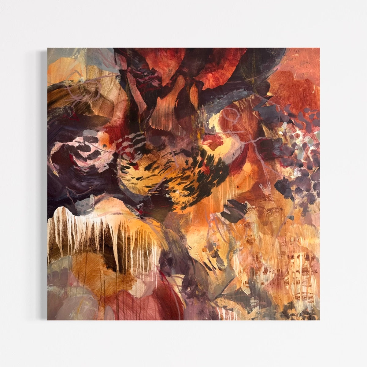 Square view of Presence Without Proof by Anna Rolskaya, showing layered abstract forms, drips and gestural marks in rust, ochre, burgundy, black and cream.