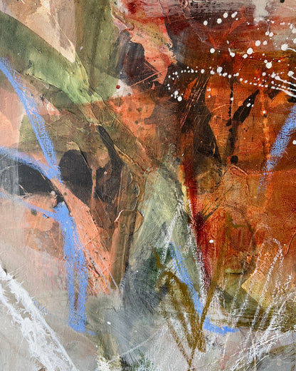 Detail of layered acrylic, oil pastel lines and scattered marks in Pulse of the Earth by Anna Rolskaya.