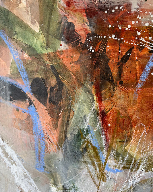 Detail of layered acrylic, oil pastel lines and scattered marks in Pulse of the Earth by Anna Rolskaya.