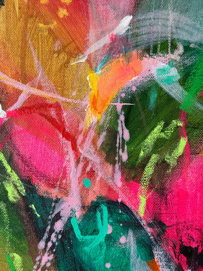 Detail of layered acrylic, oil pastel lines and expressive marks in Returning to Myself 02 by Anna Rolskaya.