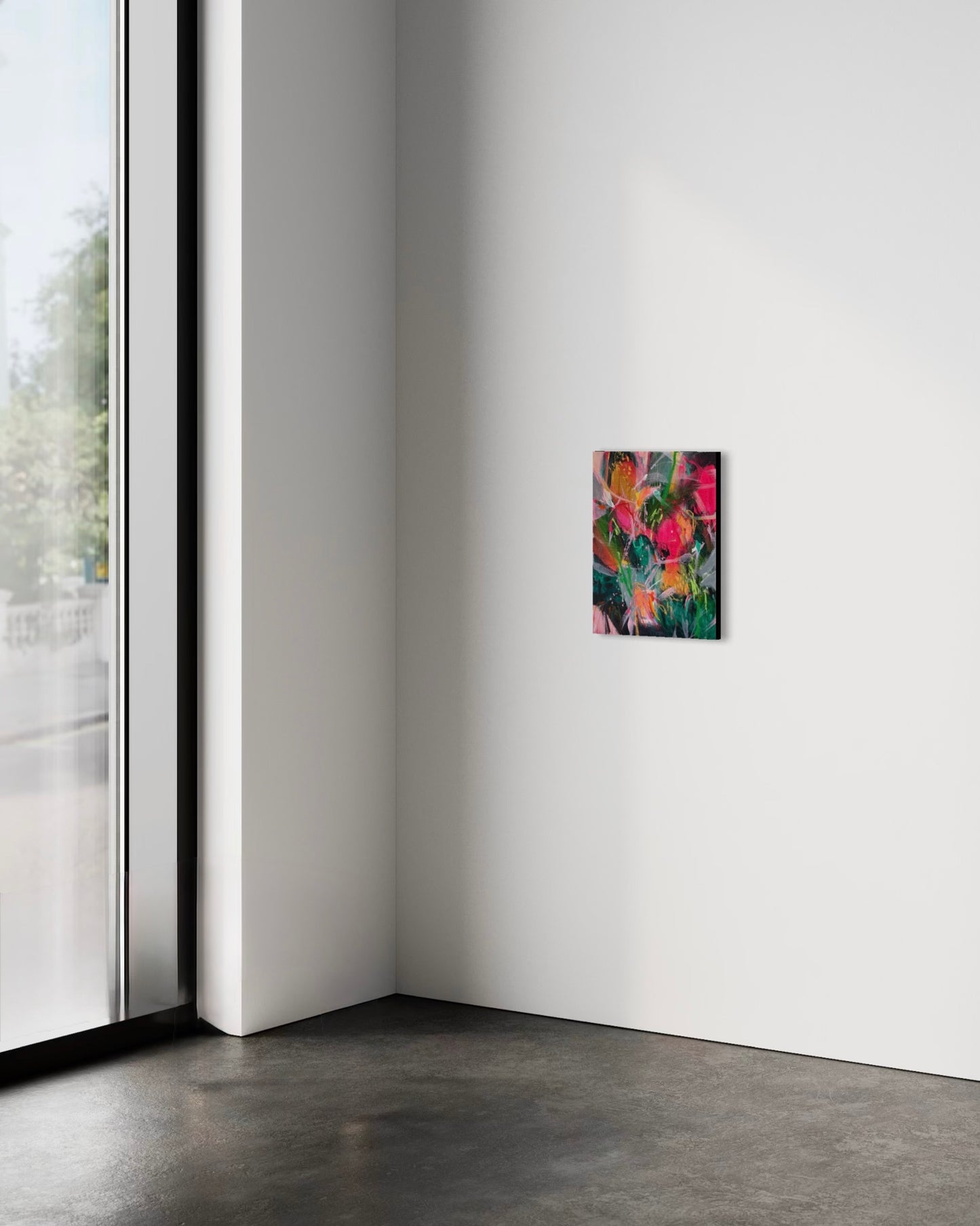 Returning to Myself 02 by Anna Rolskaya displayed in an interior to show the small painting’s scale.