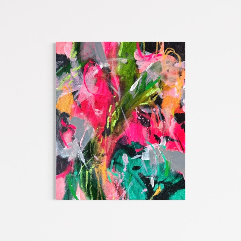 Returning to Myself 03 by Anna Rolskaya, an abstract painting in vivid pink, green, turquoise, peach and charcoal.