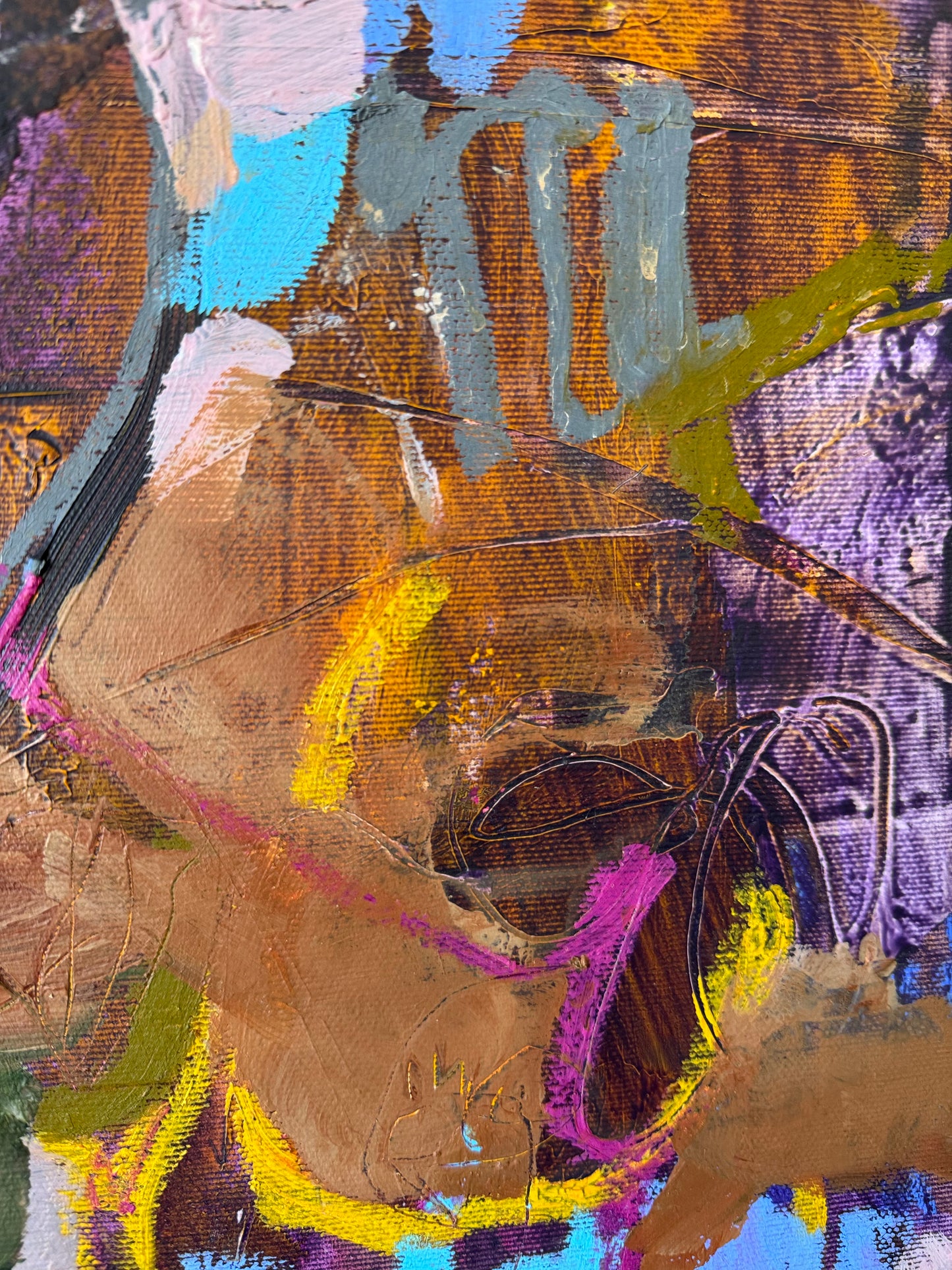 Detail of layered brushwork, drawn lines and overlapping organic forms in Sensory Field by Anna Rolskaya.