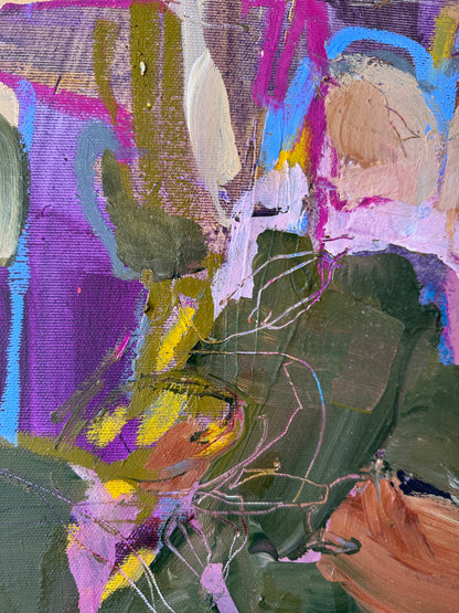 Detail of layered brushwork, drawn lines and overlapping organic forms in Sensory Field by Anna Rolskaya.