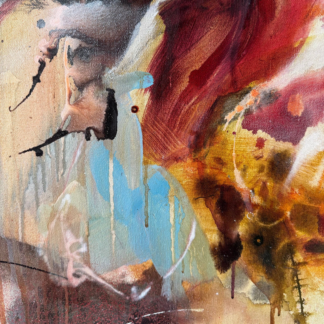 Detail of layered acrylic, oil pastel lines and translucent colour in She Carried the Morning in Her Chest.