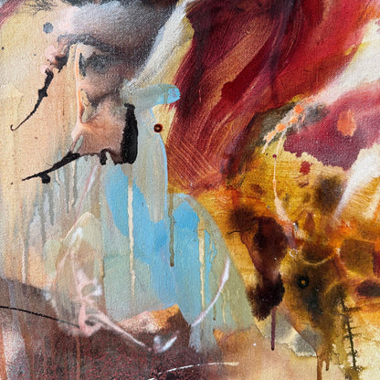 Detail of layered acrylic, oil pastel lines and translucent colour in She Carried the Morning in Her Chest.