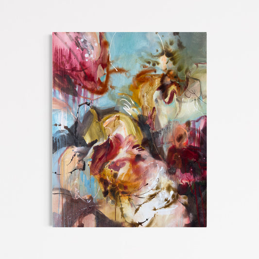 She Carried the Morning in Her Chest by Anna Rolskaya, an abstract painting in blue, burgundy, ochre, blush and cream.