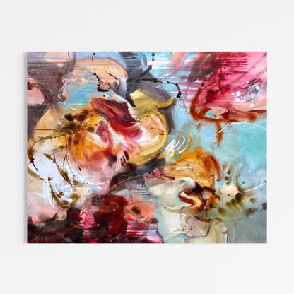 She Carried the Morning in Her Chest by Anna Rolskaya, an abstract painting in blue, burgundy, ochre, blush and cream.