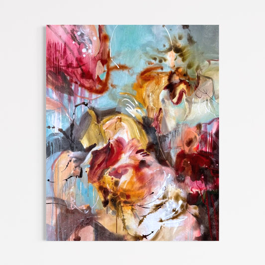 She Carried the Morning in Her Chest by Anna Rolskaya, an abstract painting in blue, burgundy, ochre, blush and cream.