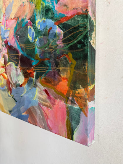 Detail of layered brushwork, drawn marks and overlapping colour in Structure of Care by Anna Rolskaya.