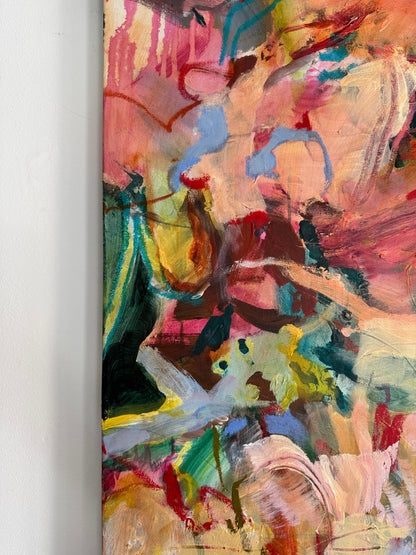 Detail of layered brushwork, drawn marks and overlapping colour in Structure of Care by Anna Rolskaya.
