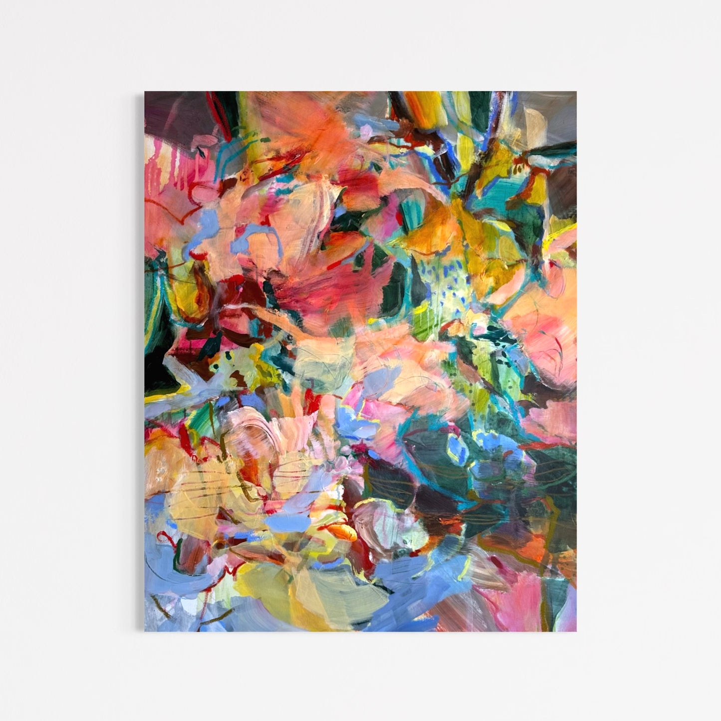Structure of Care by Anna Rolskaya, a colourful abstract mixed-media painting on canvas in portrait orientation.