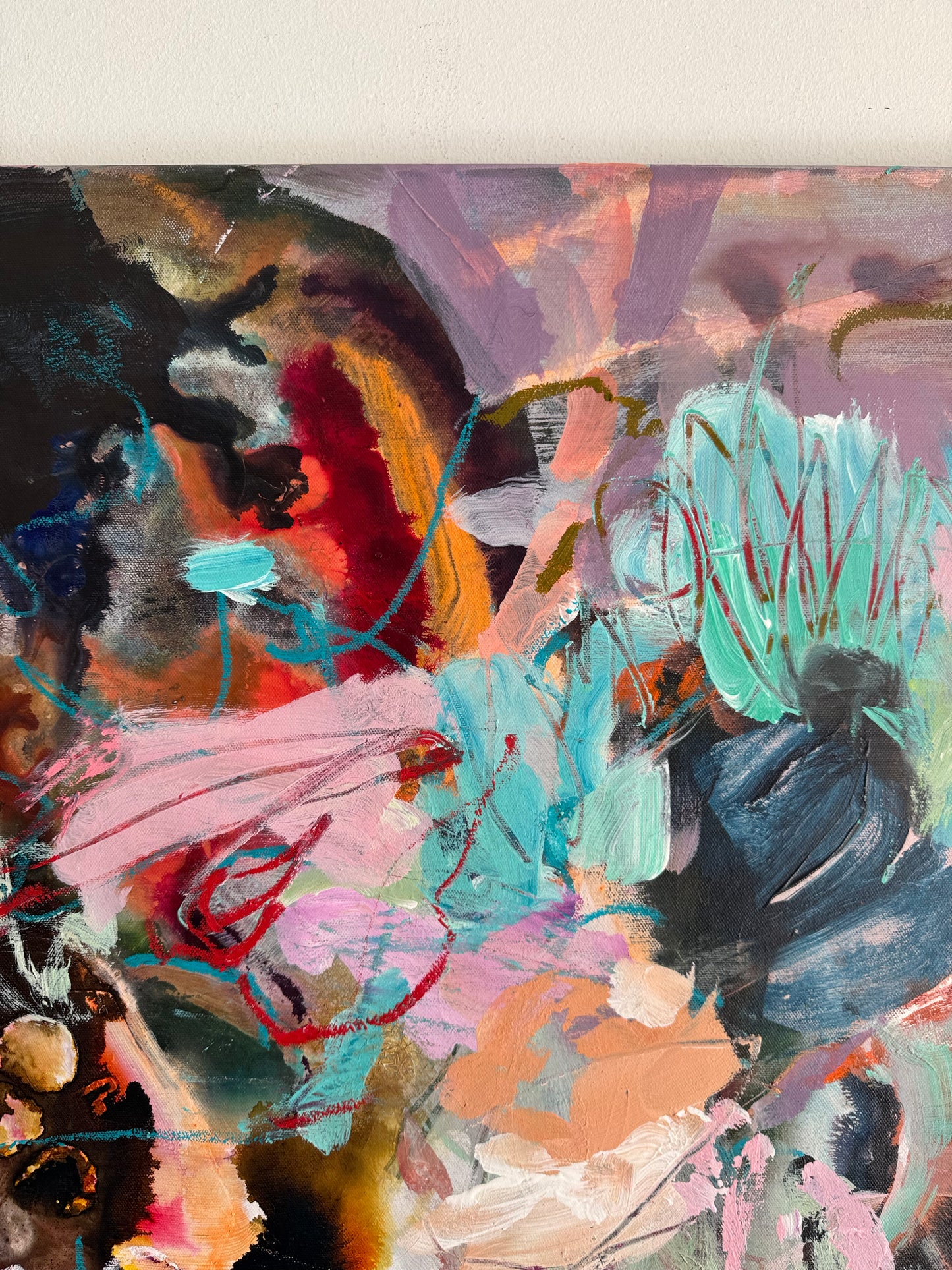 Detail of layered acrylic, oil pastel lines and turquoise and pink brushwork in Suspended in Possibility.