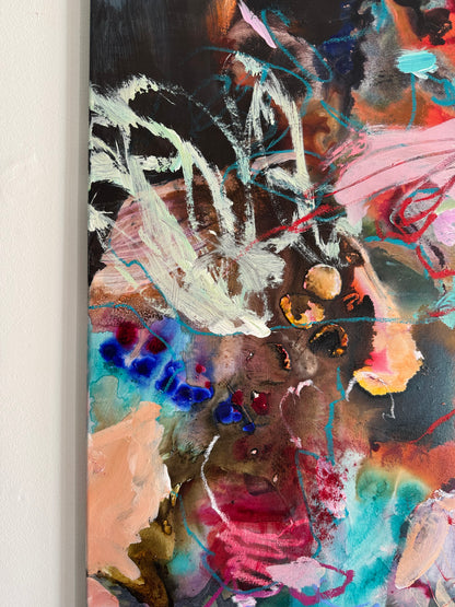 Close-up of expressive marks, translucent colour and layered texture in Suspended in Possibility by Anna Rolskaya.