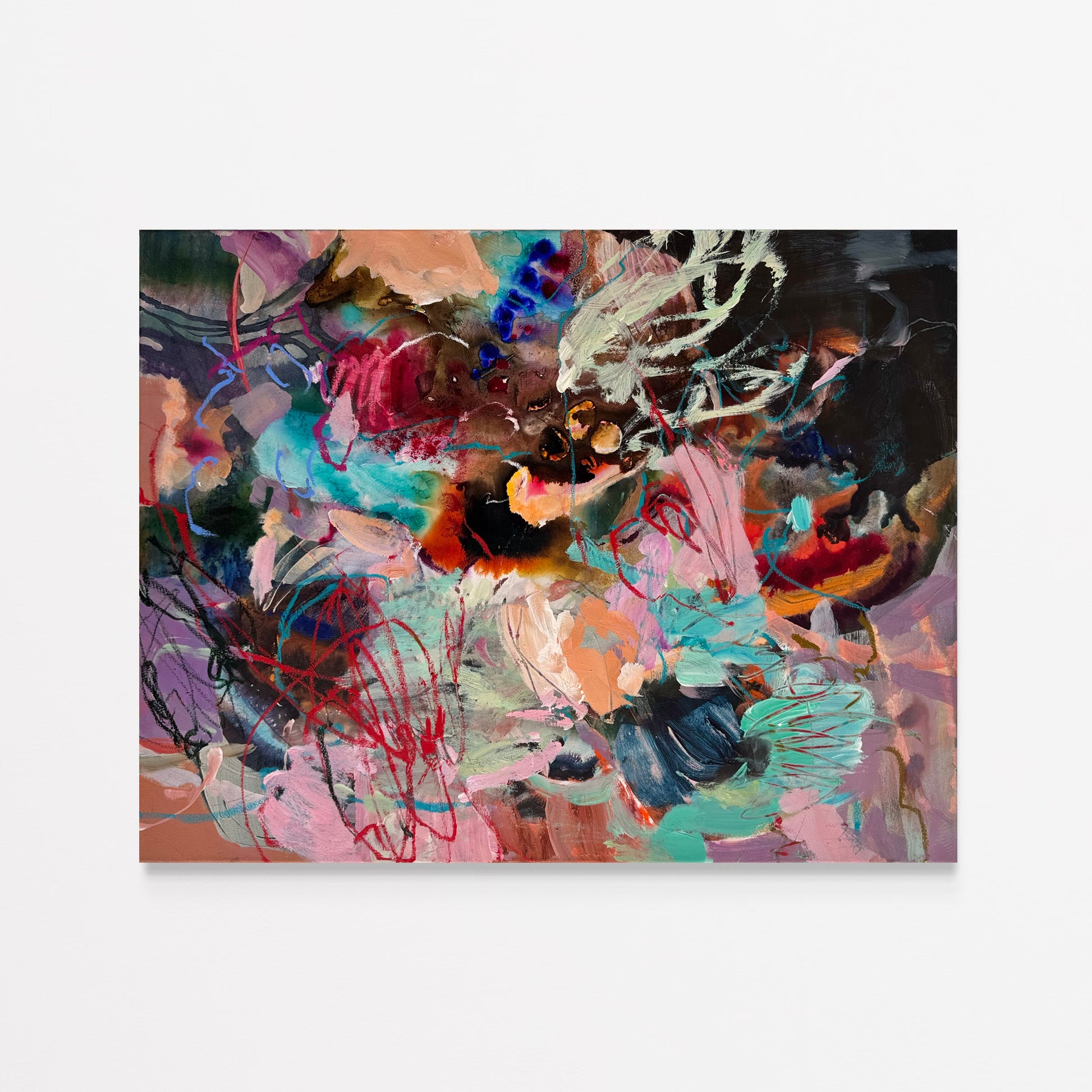 Landscape view of Suspended in Possibility by Anna Rolskaya, an abstract painting in turquoise, pink, burgundy and charcoal.